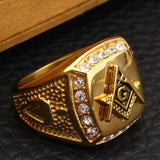 New Arrival Zircon Crystals Masonic Signet 316L Stainless Steel Gold Ring - The Jewellery Supermarket